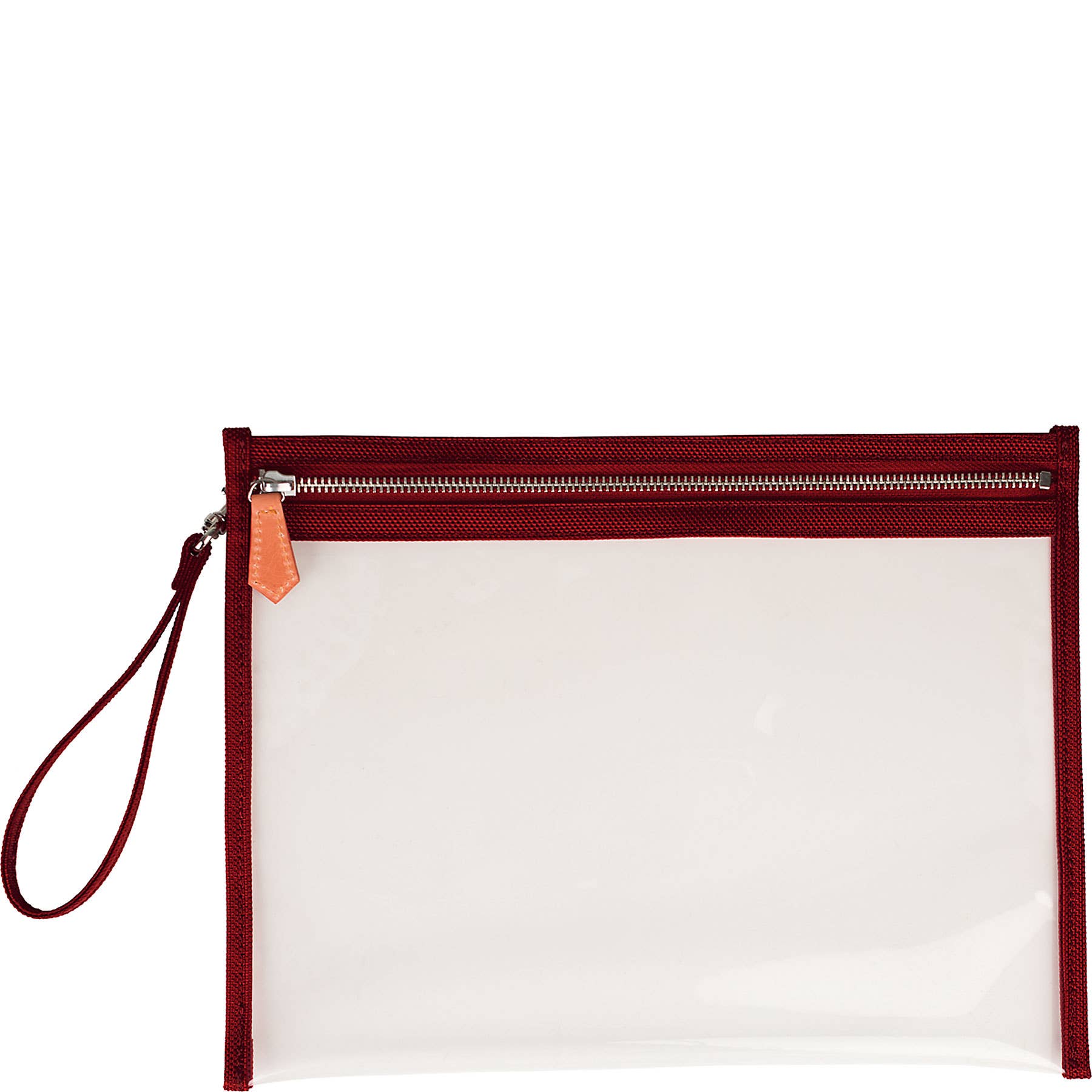 Red clutch bag with a strap on a white background