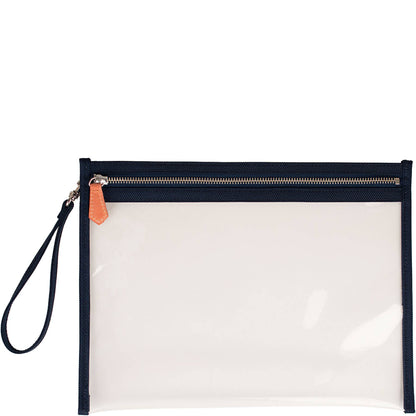 Clear pouch with navy border and black wrist strap on a white background
