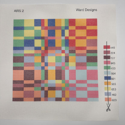 Color swatch with a grid of multicolored squares and a color chart on a gray background.