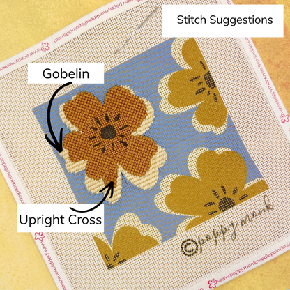 Blooms on Blue Needlepoint Canvas + Optional Thread Pack
