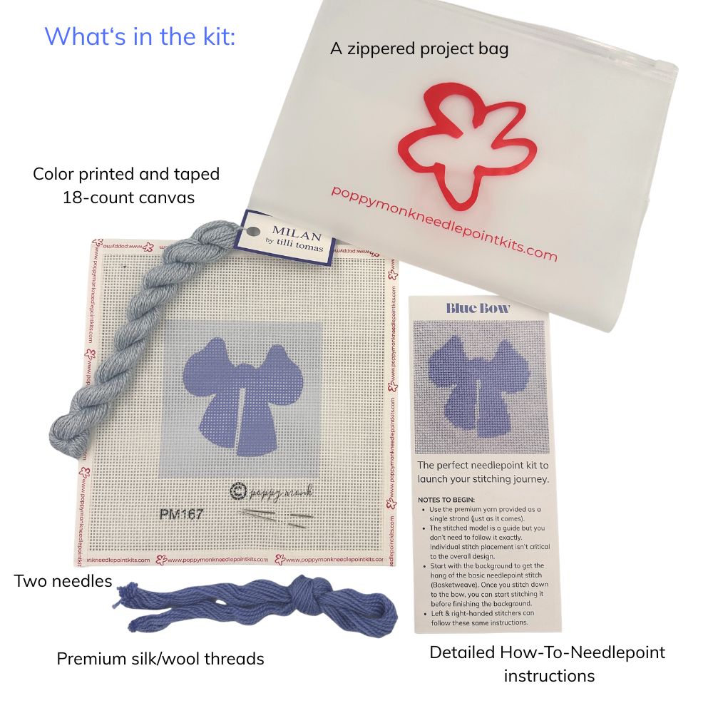 Poppy Monk Blue Bow needlepoint kit with a zipped project bag, canvas, needles, and instructions.