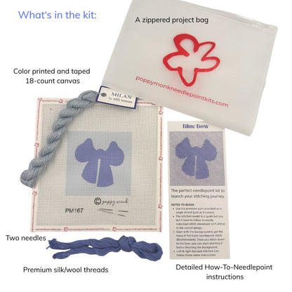 Poppy Monk Blue Bow needlepoint kit with a zipped project bag, canvas, needles, and instructions.