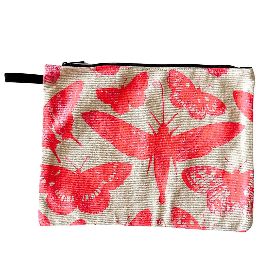 Needlepoint project bag with hot-pink screen-printed butterflies..