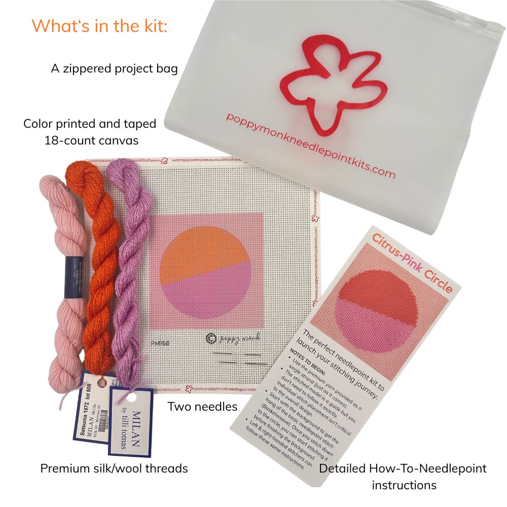 Needlepoint kit with zipped project bag, canvas, threads, needles, and instructions.
