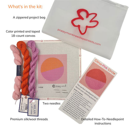 Needlepoint kit with zipped project bag, canvas, threads, needles, and instructions.