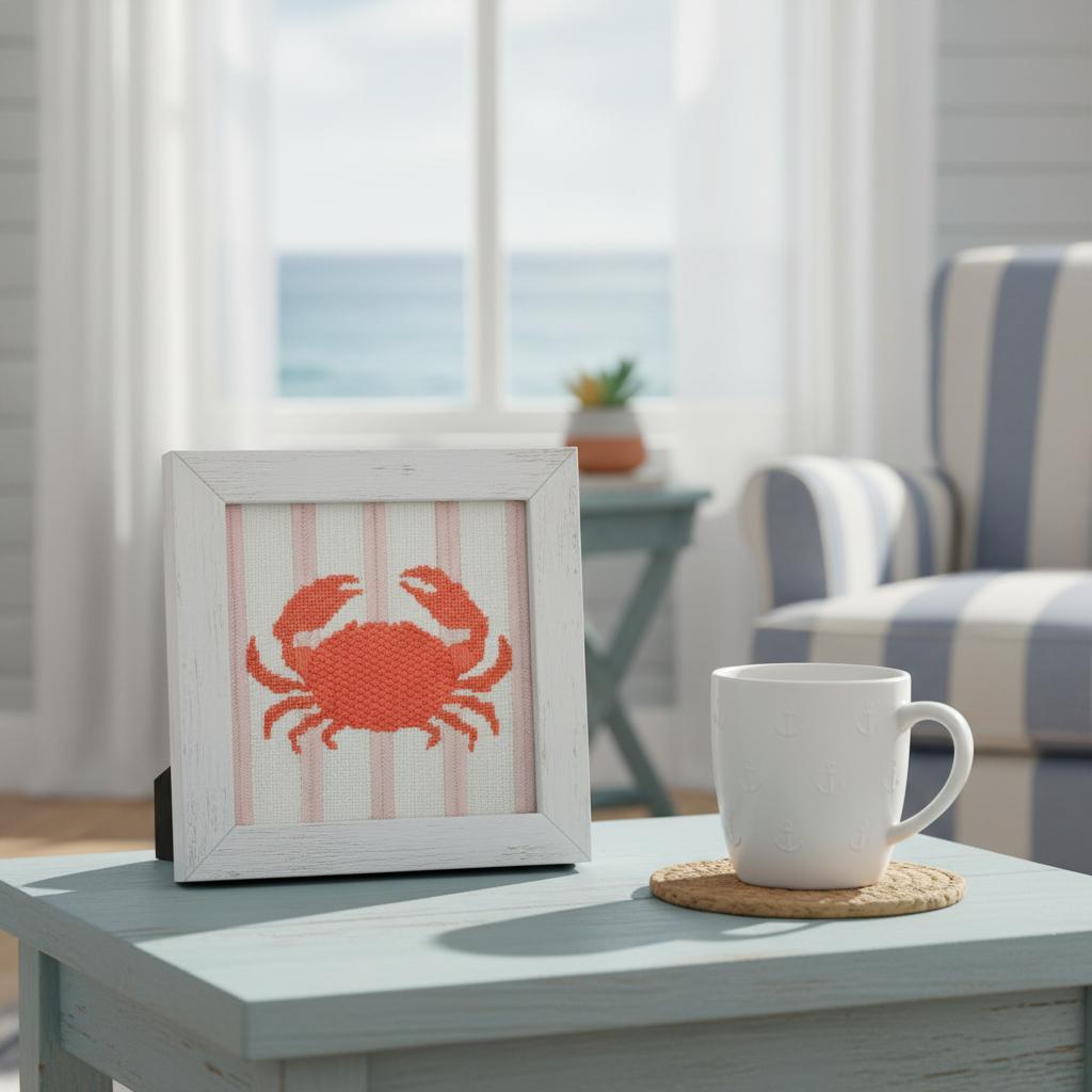 Framed artwork of a red crab on a striped background next to a white mug on a table with a window view.