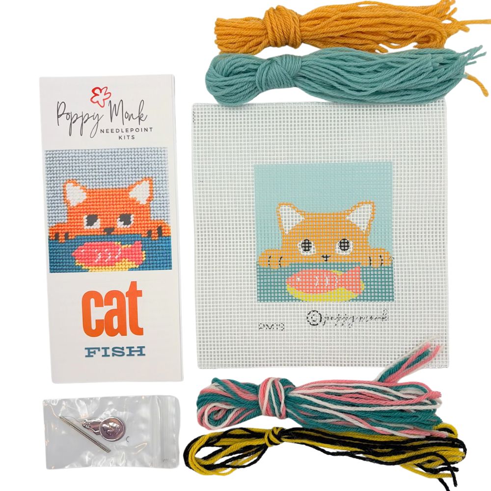 Kids needlepoint kit featuring a ginger cat
