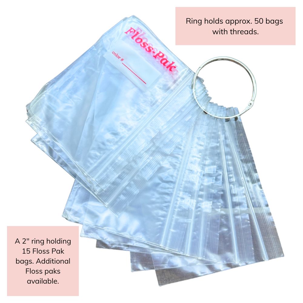 Floss Pak bags with a ring holding approximately 50 bags, on a white background.