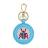 The Blue Beetle design stitched and in a blue circular fob with gold key rings.