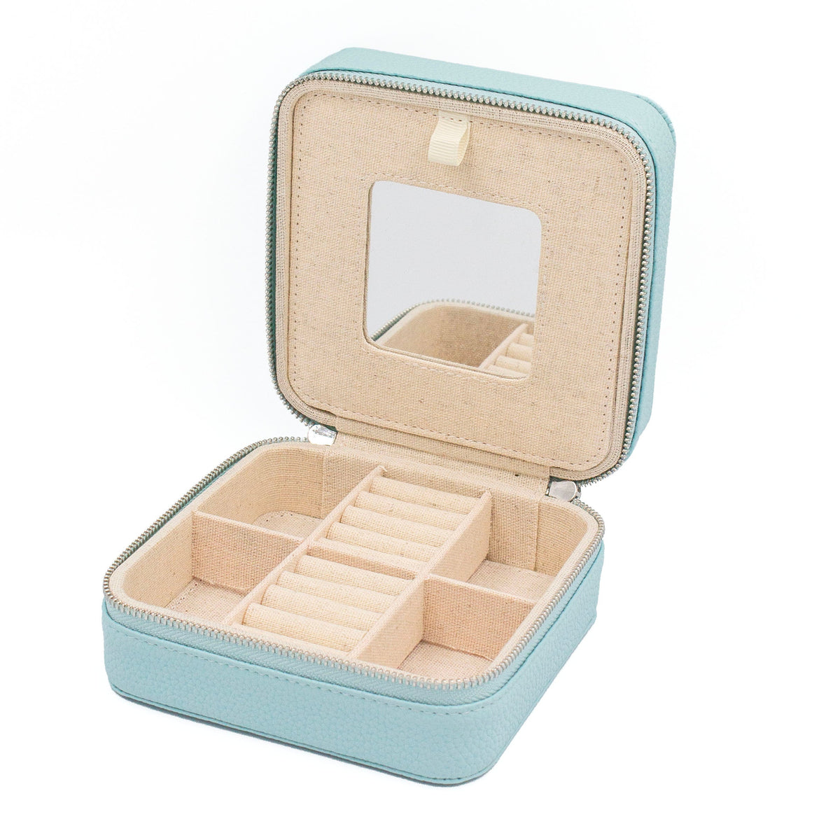 A square light blue jewelry organizer case shown open, with a beige interior, multiple compartments, ring rolls, and a small mirror on the inside lid, photographed on a white background.