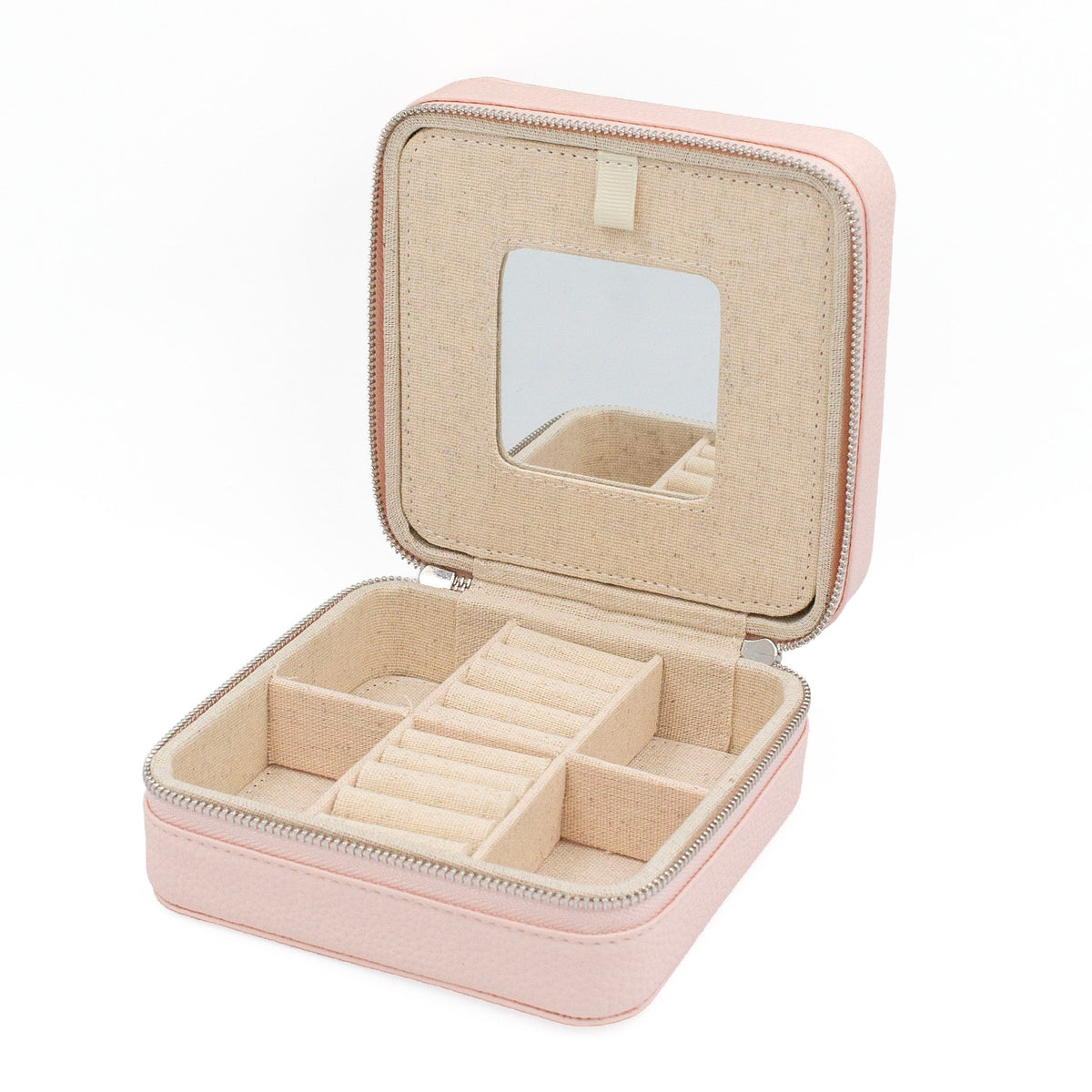 A pink zippered jewelry organizer case shown open, with a beige fabric interior, multiple compartments, and a small mirror on the inside lid, photographed on a white background.