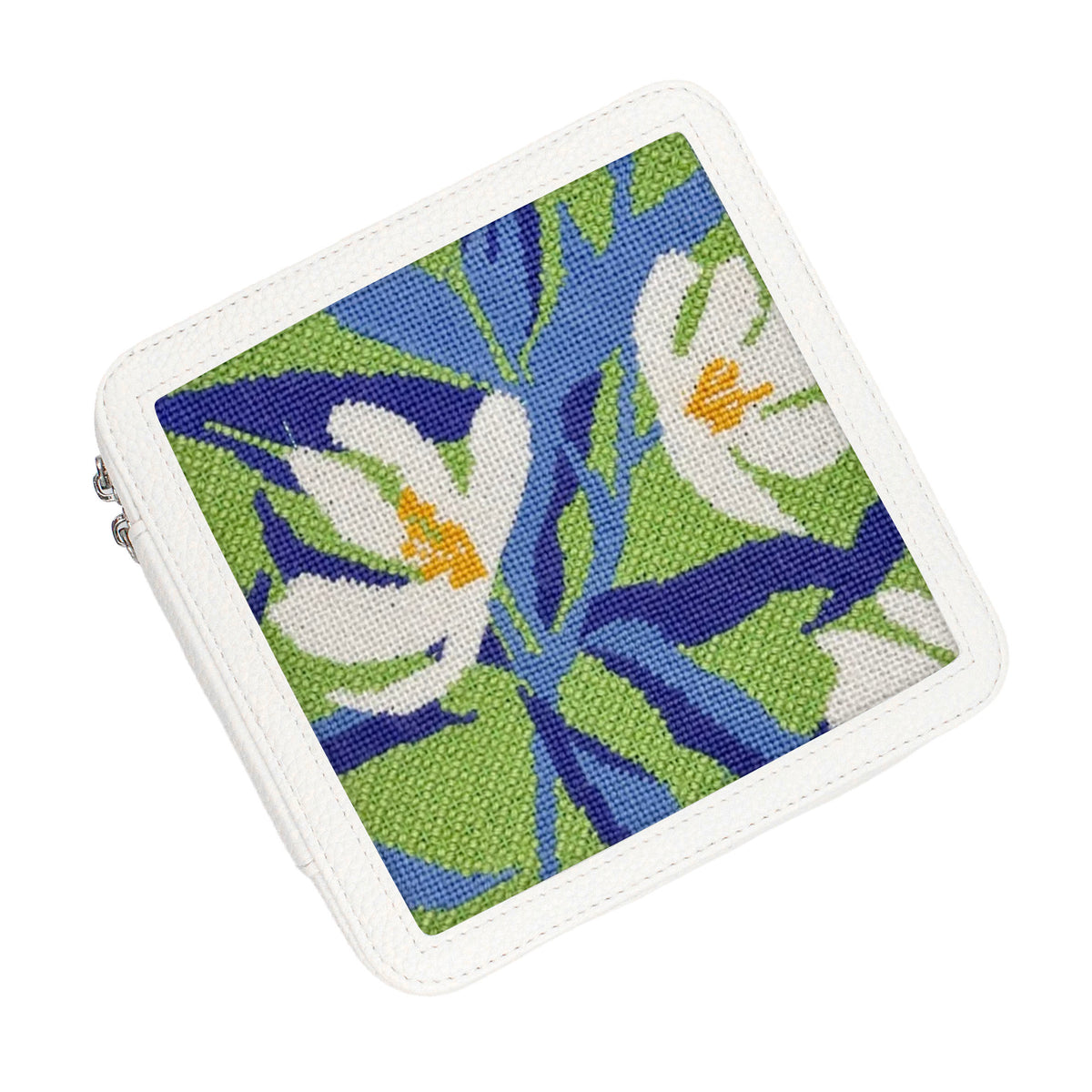 Magnolia floral needlepoint in a white box