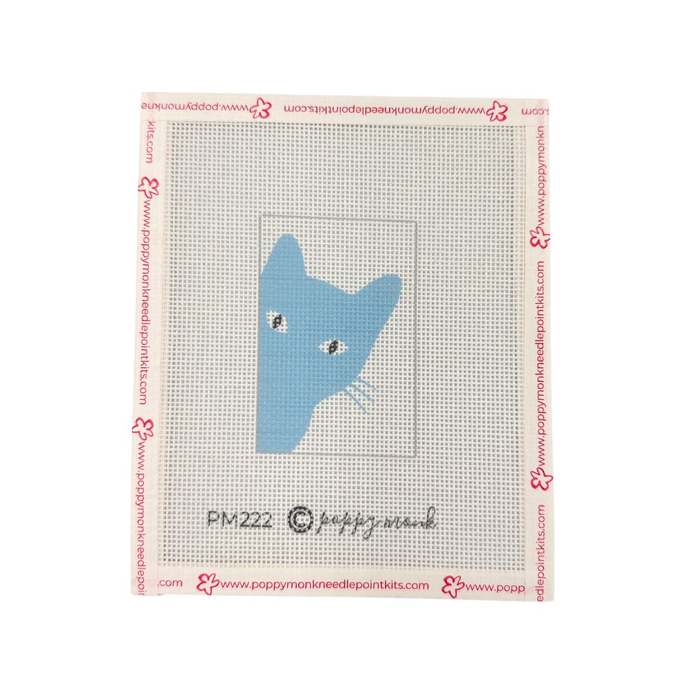 A needlepoint canvas with blue cat silhouette
