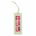 The Fa La La design stitched and finished in a pale green leather hang tag with a scalloped edge.