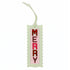 The Merry design stitched and finished in a pale green leather hang tag with a scalloped edge.