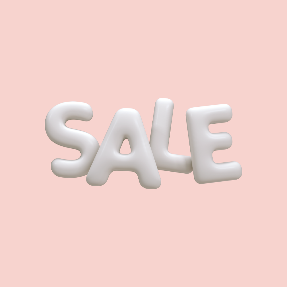 3D text spelling 'SALE' on a pink background