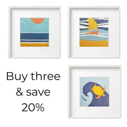 Three framed needlepoint artworks with abstract designs on a white background, promotional text for buying three and saving 20%.