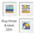 Three framed needlepoint artworks with abstract designs on a white background, promotional text for buying three and saving 20%.