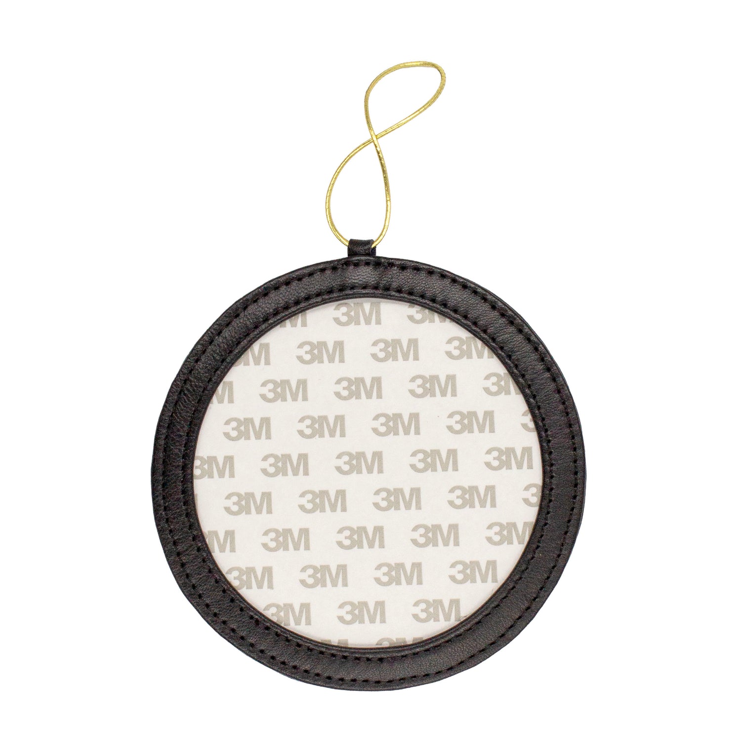 A round black leather frame-style ornament.