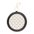 A round black leather frame-style ornament.
