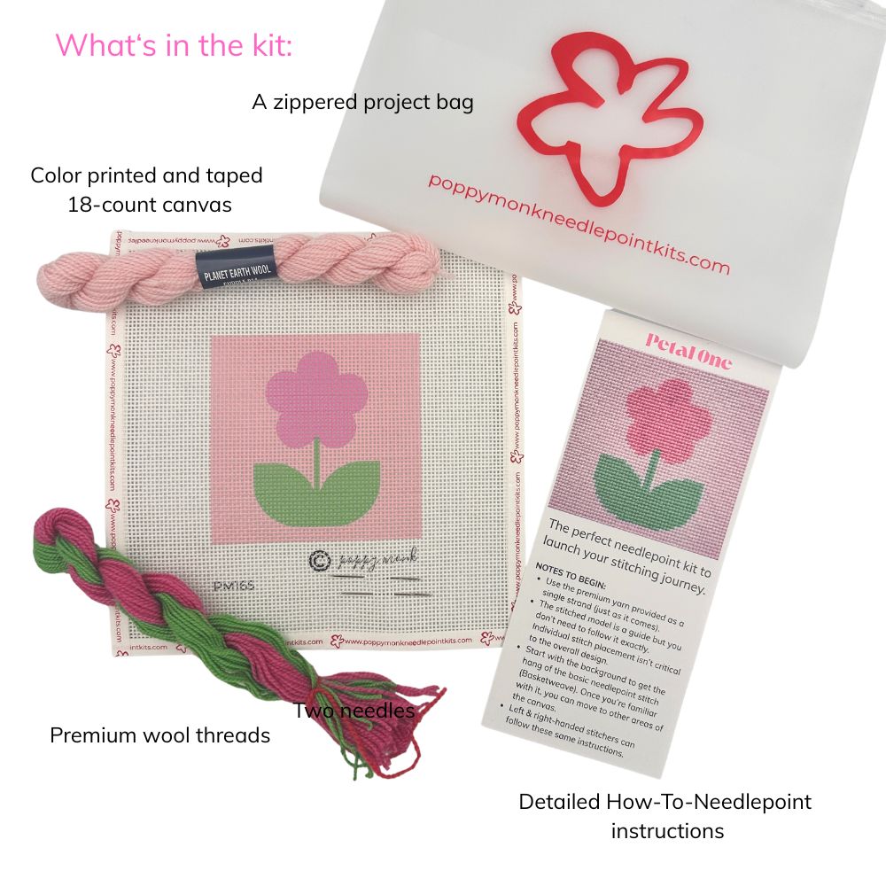 Poppy Monk Petal One Needlepoint Kit with zipped project bag, 18-count canvas, yarn, needles, and instructions.