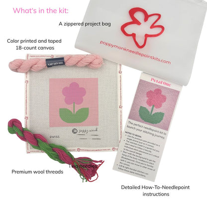Poppy Monk Petal One Needlepoint Kit with zipped project bag, 18-count canvas, yarn, needles, and instructions.