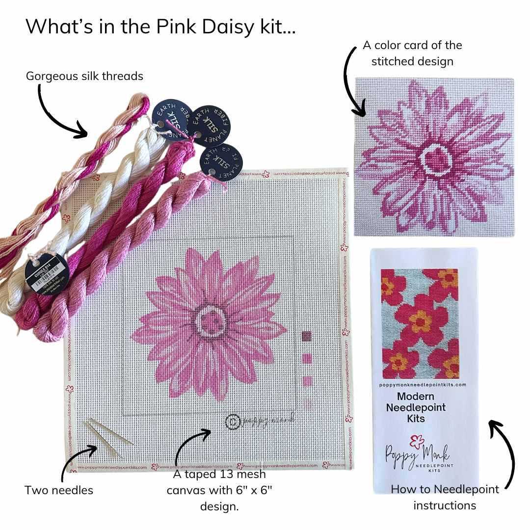 Pink Daisy needlepoint kit with silk threads on 13 mesh.