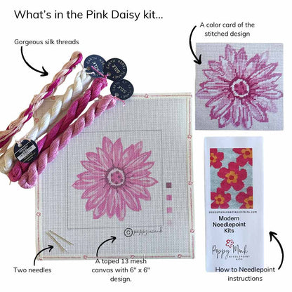 Pink Daisy needlepoint kit with silk threads on 13 mesh.