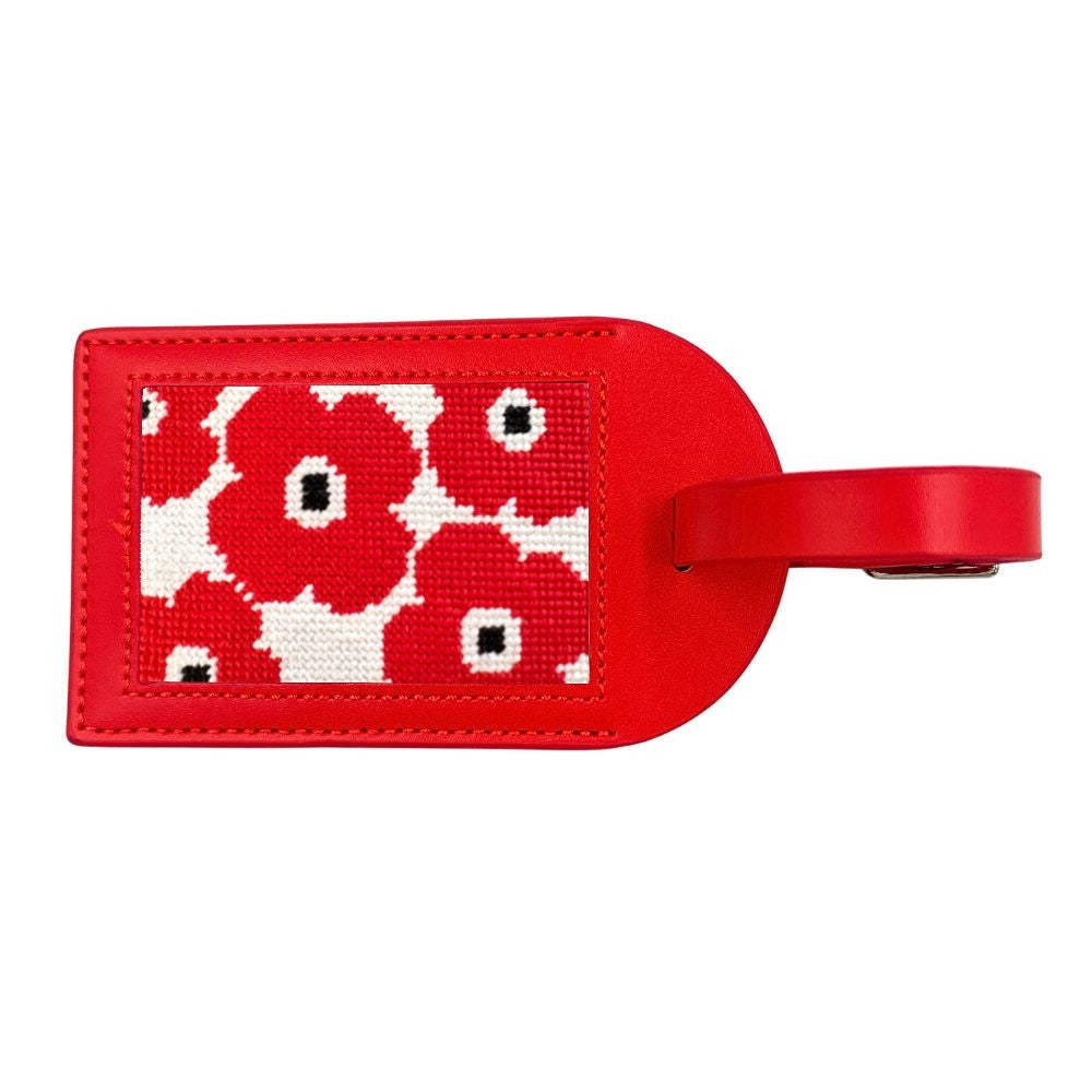 Red luggage tag with Poppies needlepoint design