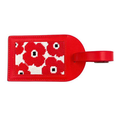 Red luggage tag with Poppies needlepoint design