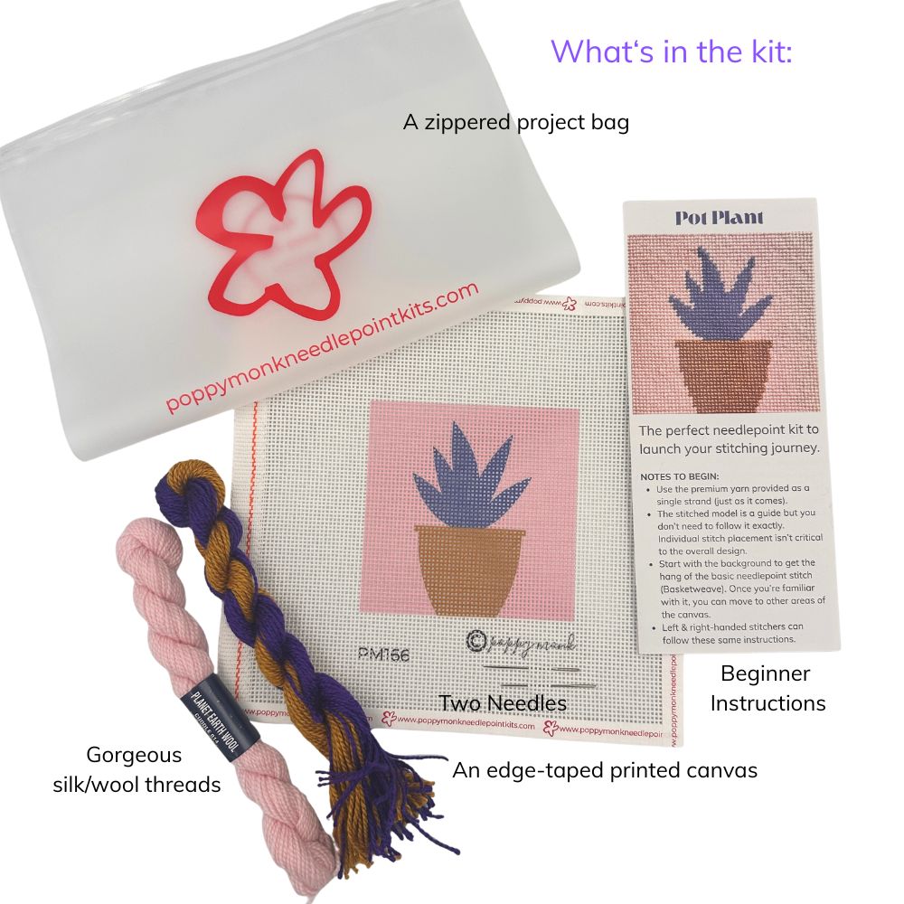 Needlepoint kit of a Potted Plant with zipped project bag, needles, silk/wool threads, and printed canvas on a white background.