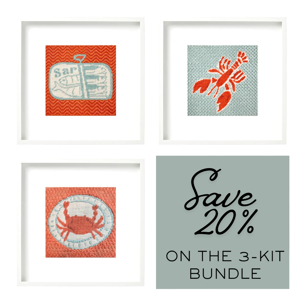 A 3-piece framed art bundle featuring three square white frames with nautical illustrations: a lobster on a blue-gray background, a crab on an orange patterned background, and a fish on an orange wavy background. A gray promotional panel on the right reads &