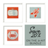 A 3-piece framed art bundle featuring three square white frames with nautical illustrations: a lobster on a blue-gray background, a crab on an orange patterned background, and a fish on an orange wavy background. A gray promotional panel on the right reads &