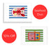 Two framed needlepoint seafood art prints on a white background, with red promotional circles reading &