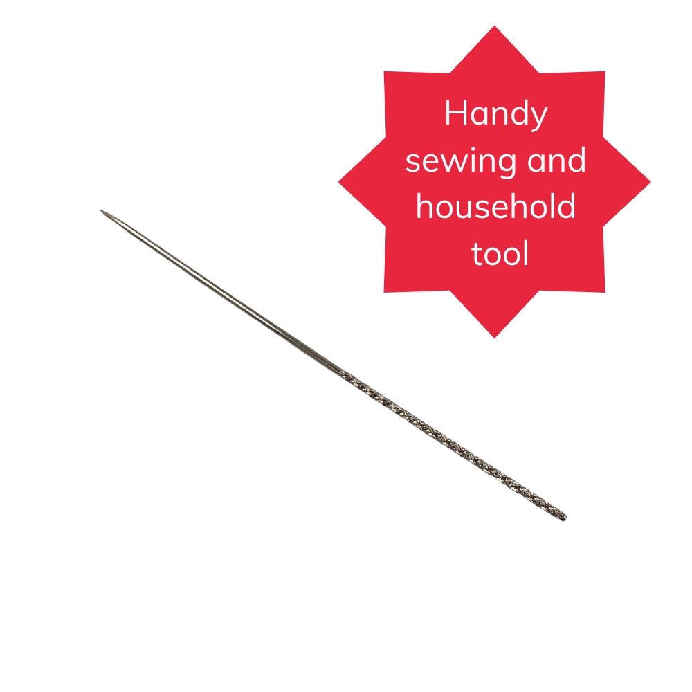 Metal needle on a white background with a red label indicating it&