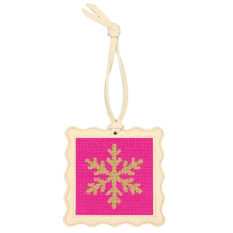 The Snowflake design stitched and put inside the scallop-edged cream square hanger.