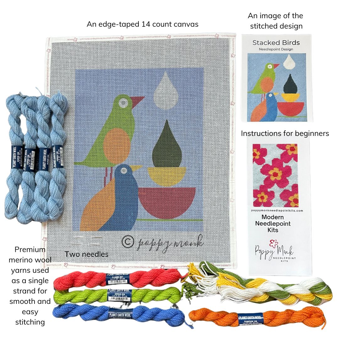 Stacked Birds Mid Century Modern beginner needlepoint kit contents