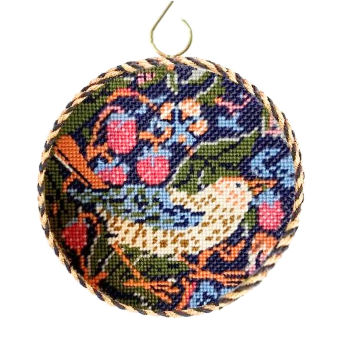 Strawberry Thief needlepoint ornament kit with William Morris design.