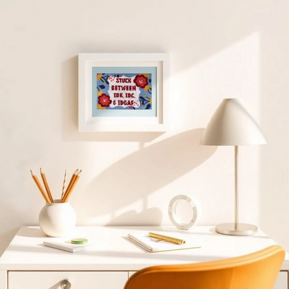 Home office setup with a desk, lamp, and framed artwork on the wall.