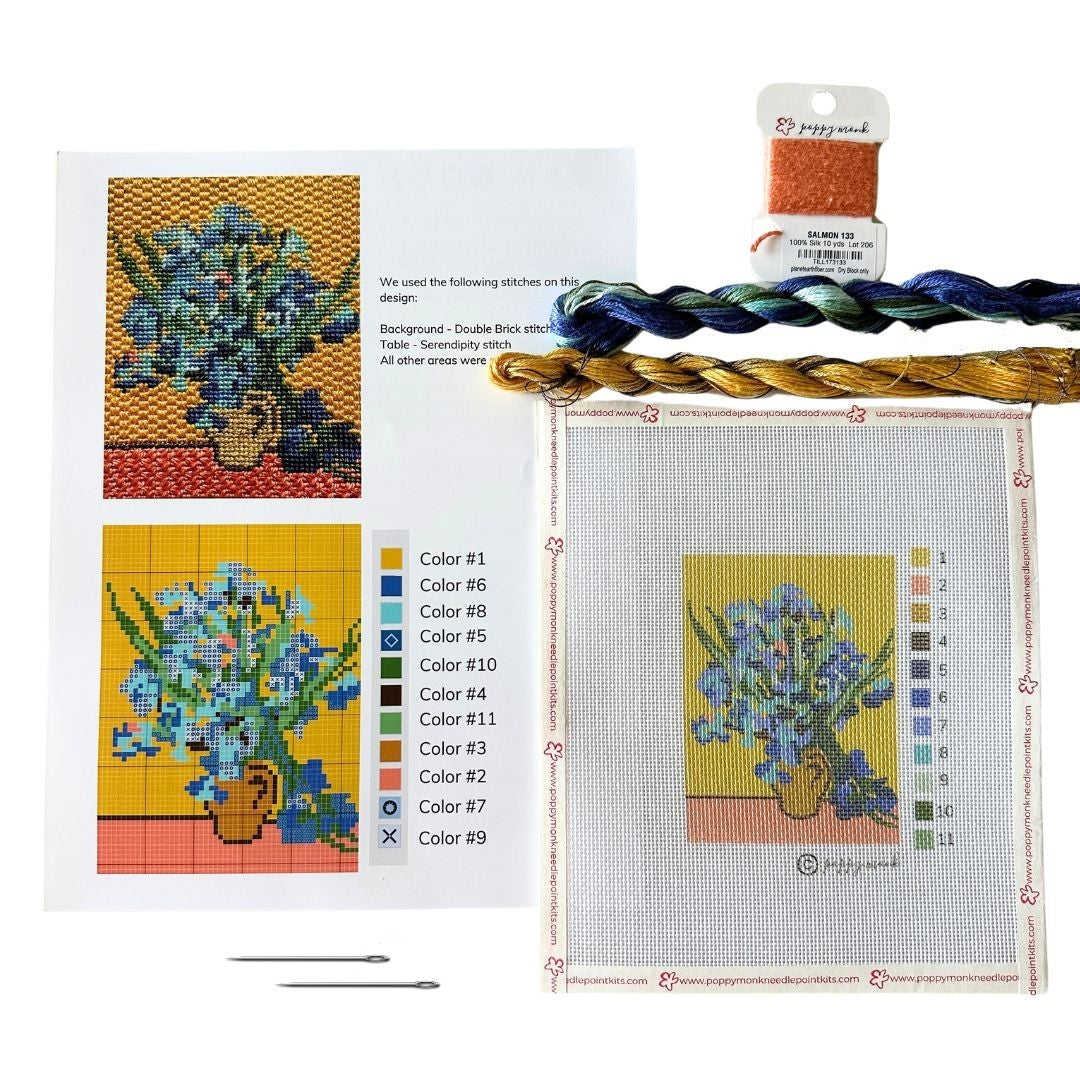Van Gogh needlepoint Irises mini kit contents.