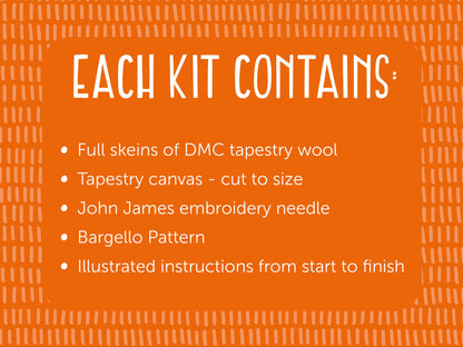 Orange background with white text listing contents of a embroidery kit.