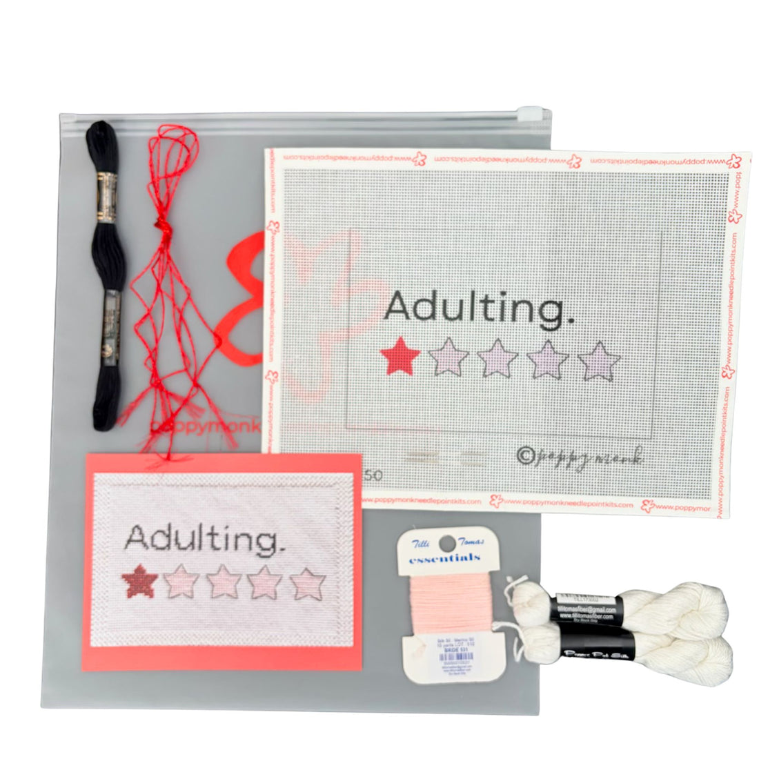 Adulting needlepoint kit contents