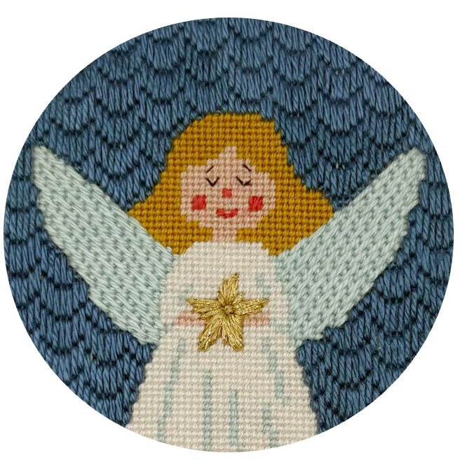 Needlepoint angel patch with a blue patterned background