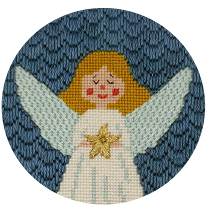 Needlepoint angel patch with a blue patterned background