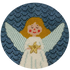 Needlepoint angel patch with a blue patterned background
