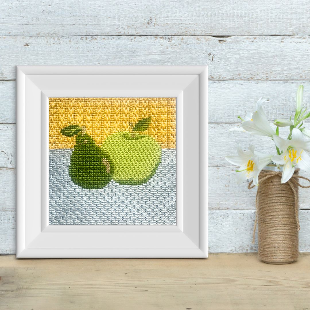 Still Life Apple &amp; Pear needlepoint kit for beginners with decorative stitch guide.