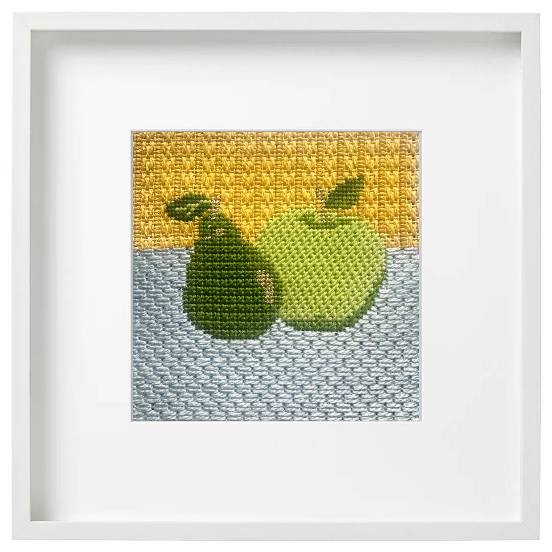 Still Life Apple &amp; Pear needlepoint kit for beginners with decorative stitch guide.