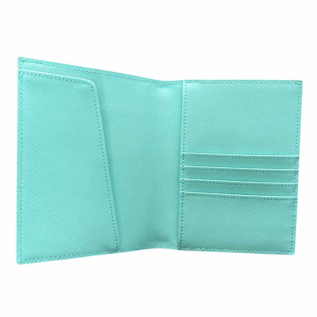 Aqua textured leather self-finishing needlepoint passport cover from Rachel Barri Designs.