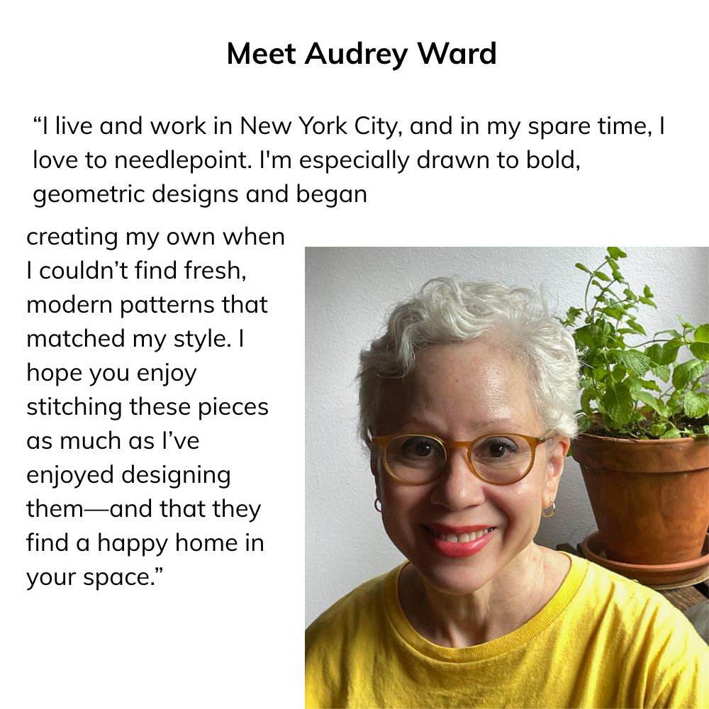 Woman with white hair and glasses smiling, with text about needlepoint and New York City.