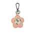 Pink flower-shaped keychain with a metal clasp on a white background